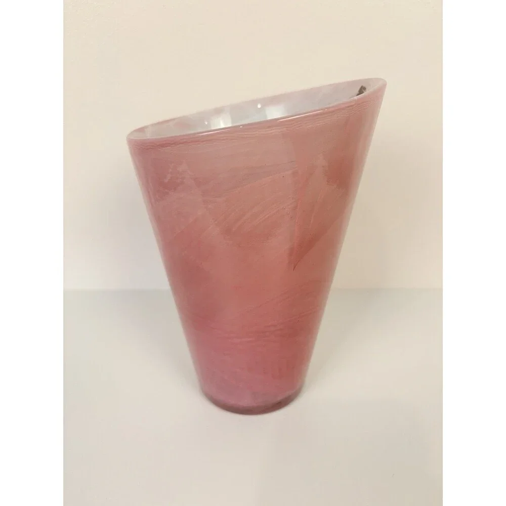 SEA Glasbruk Sweden Pink Swirl Art Glass Vase Hand Painted 7 Inch Classic